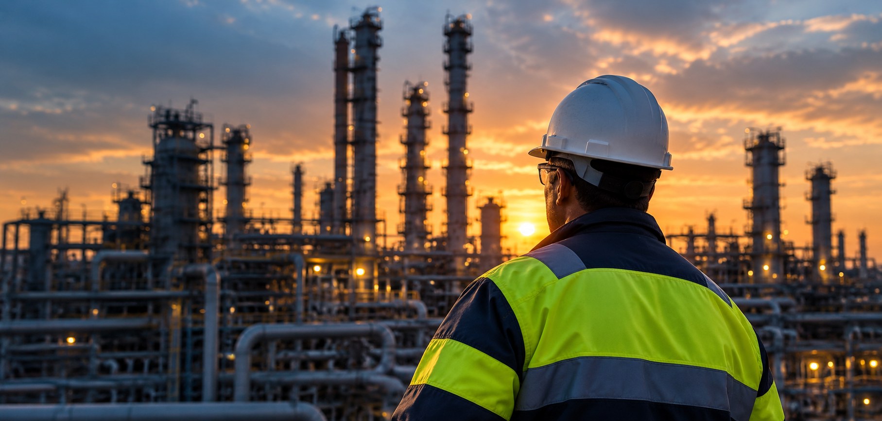 Expert industriel sur un site de process au coucher du soleil